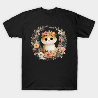 Cozy Orange Cat in a Floral Wreath - Cat Mom & Rescue Folk Art T-Shirt