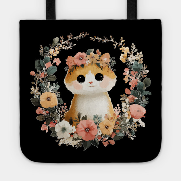 Cozy Orange Cat in a Floral Wreath - Cat Mom & Rescue Folk Art Tote by TuncGK
