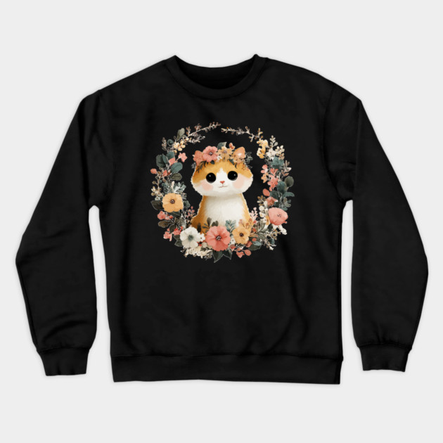 Cozy Orange Cat in a Floral Wreath - Cat Mom & Rescue Folk Art Crewneck Sweatshirt by TuncGK