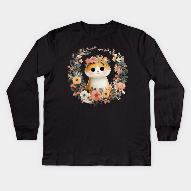 Cozy Orange Cat in a Floral Wreath - Cat Mom & Rescue Folk Art Kids Long Sleeve T-Shirt by TuncGK