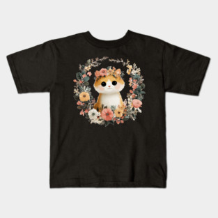 Cozy Orange Cat in a Floral Wreath - Cat Mom & Rescue Folk Art Kids T-Shirt