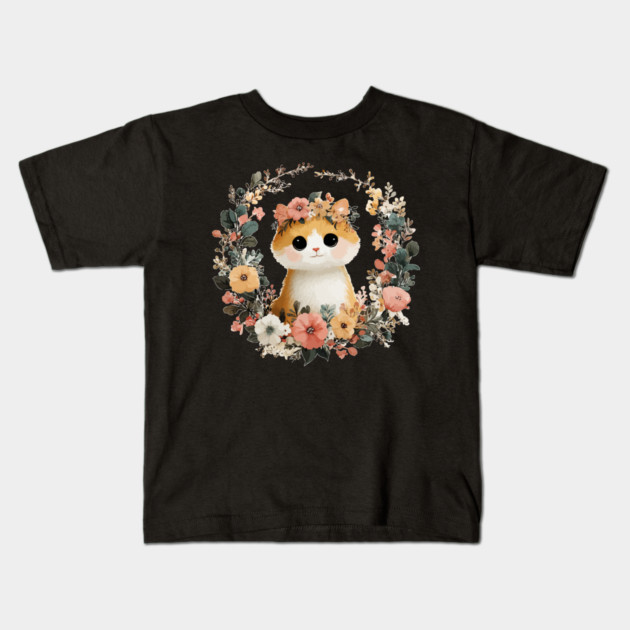 Cozy Orange Cat in a Floral Wreath - Cat Mom & Rescue Folk Art Kids T-Shirt by TuncGK
