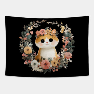Cozy Orange Cat in a Floral Wreath - Cat Mom & Rescue Folk Art Tapestry