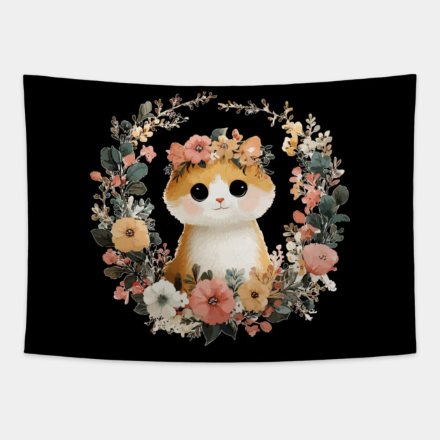 Cozy Orange Cat in a Floral Wreath - Cat Mom & Rescue Folk Art Tapestry by TuncGK