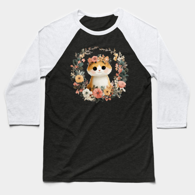 Cozy Orange Cat in a Floral Wreath - Cat Mom & Rescue Folk Art Baseball T-Shirt by TuncGK