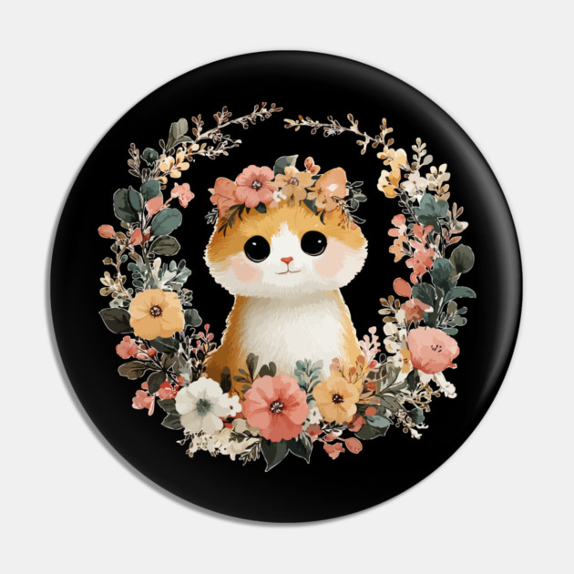 Cozy Orange Cat in a Floral Wreath - Cat Mom & Rescue Folk Art Pin by TuncGK