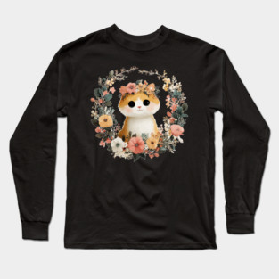 Cozy Orange Cat in a Floral Wreath - Cat Mom & Rescue Folk Art Long Sleeve T-Shirt