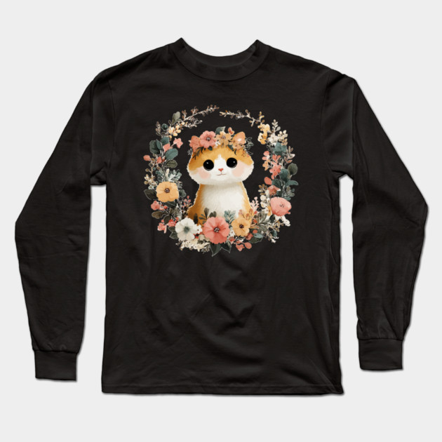 Cozy Orange Cat in a Floral Wreath - Cat Mom & Rescue Folk Art Long Sleeve T-Shirt by TuncGK