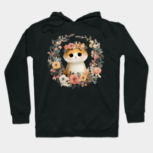Cozy Orange Cat in a Floral Wreath - Cat Mom & Rescue Folk Art Hoodie