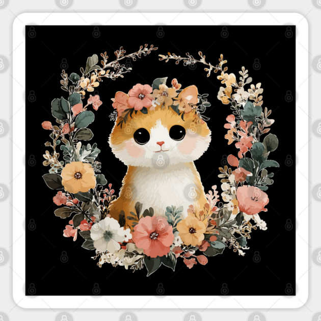Cozy Orange Cat in a Floral Wreath - Cat Mom & Rescue Folk Art Sticker by TuncGK