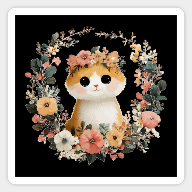 Cozy Orange Cat in a Floral Wreath - Cat Mom & Rescue Folk Art Magnet by TuncGK