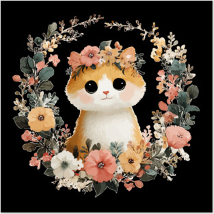 Cozy Orange Cat in a Floral Wreath - Cat Mom & Rescue Folk Art Posters and Art