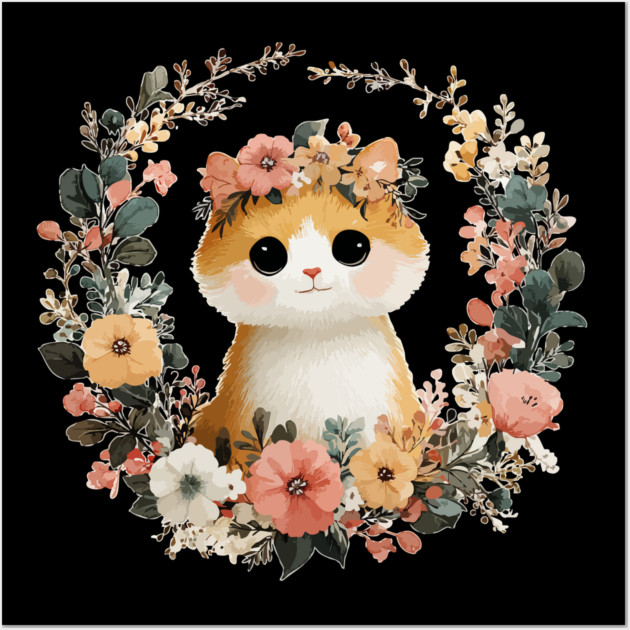 Cozy Orange Cat in a Floral Wreath - Cat Mom & Rescue Folk Art Wall Art by TuncGK