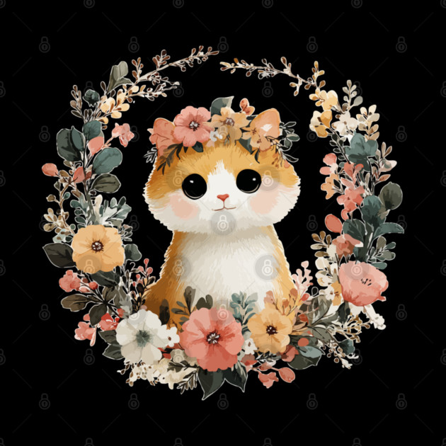 Cozy Orange Cat in a Floral Wreath - Cat Mom & Rescue Folk Art by TuncGK