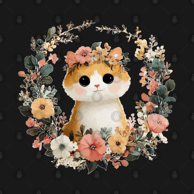 Cozy Orange Cat in a Floral Wreath - Cat Mom & Rescue Folk Art by TuncGK