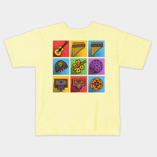 Hispanic Heritage Icons - Latin Music Guitar & Pan Flute Design Kids T-Shirt
