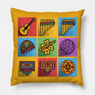 Hispanic Heritage Icons - Latin Music Guitar & Pan Flute Design Pillow