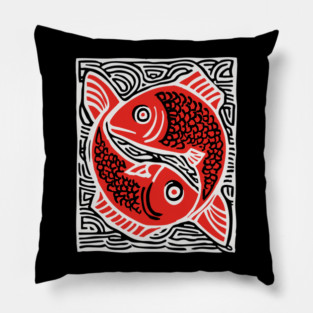 Linocut Fish Duo Art Print - Unique Wildlife Gift Pillow