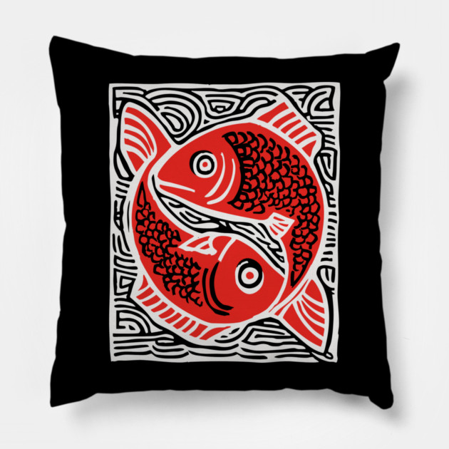 Linocut Fish Duo Art Print - Unique Wildlife Gift Pillow by TuncGK