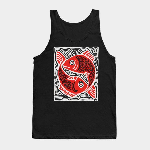Linocut Fish Duo Art Print - Unique Wildlife Gift Tank Top by TuncGK