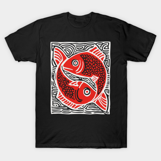 Linocut Fish Duo Art Print - Unique Wildlife Gift T-Shirt by TuncGK
