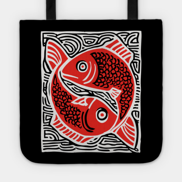 Linocut Fish Duo Art Print - Unique Wildlife Gift Tote by TuncGK