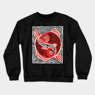 Linocut Fish Duo Art Print - Unique Wildlife Gift Crewneck Sweatshirt