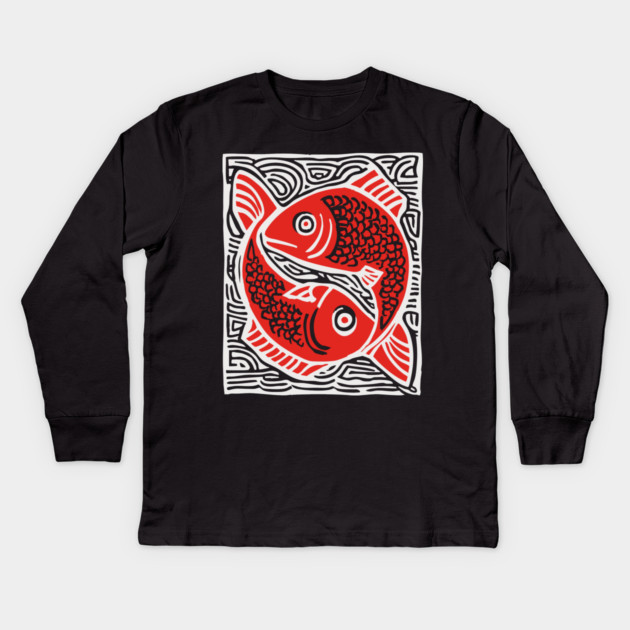 Linocut Fish Duo Art Print - Unique Wildlife Gift Kids Long Sleeve T-Shirt by TuncGK