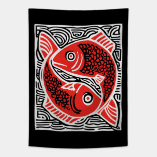 Linocut Fish Duo Art Print - Unique Wildlife Gift Tapestry