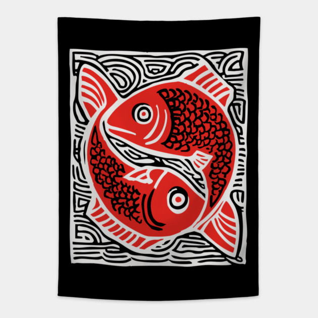 Linocut Fish Duo Art Print - Unique Wildlife Gift Tapestry by TuncGK