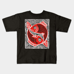 Linocut Fish Duo Art Print - Unique Wildlife Gift Kids T-Shirt