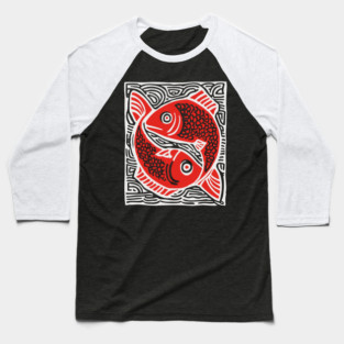 Linocut Fish Duo Art Print - Unique Wildlife Gift Baseball T-Shirt