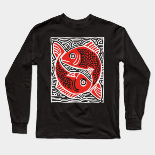 Linocut Fish Duo Art Print - Unique Wildlife Gift Long Sleeve T-Shirt