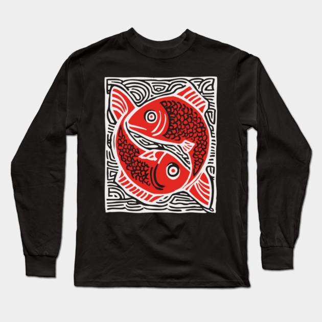 Linocut Fish Duo Art Print - Unique Wildlife Gift Long Sleeve T-Shirt by TuncGK
