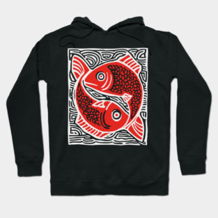 Linocut Fish Duo Art Print - Unique Wildlife Gift Hoodie