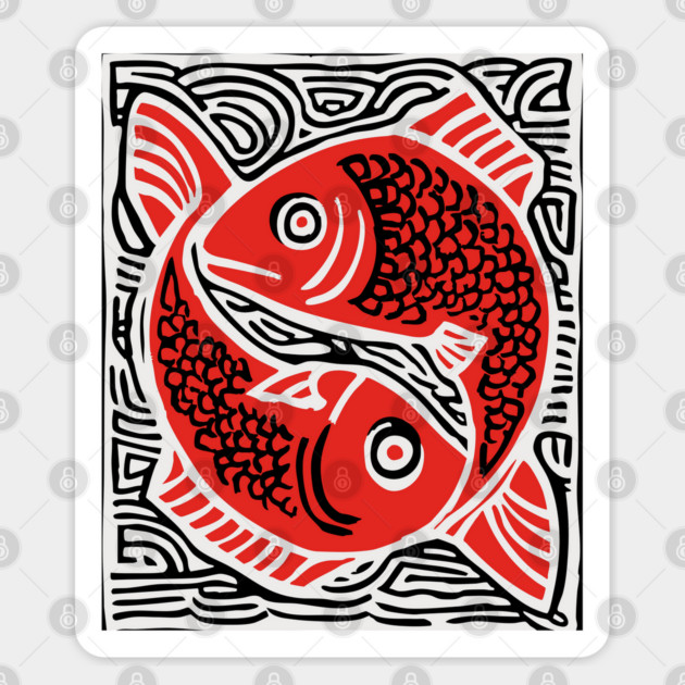 Linocut Fish Duo Art Print - Unique Wildlife Gift Sticker by TuncGK