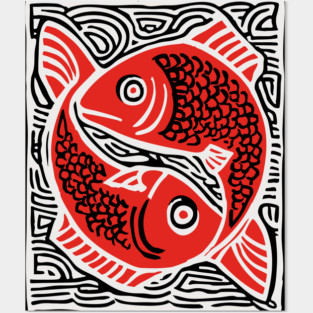 Linocut Fish Duo Art Print - Unique Wildlife Gift Posters and Art