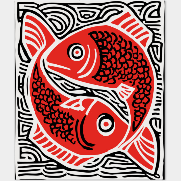 Linocut Fish Duo Art Print - Unique Wildlife Gift Wall Art by TuncGK