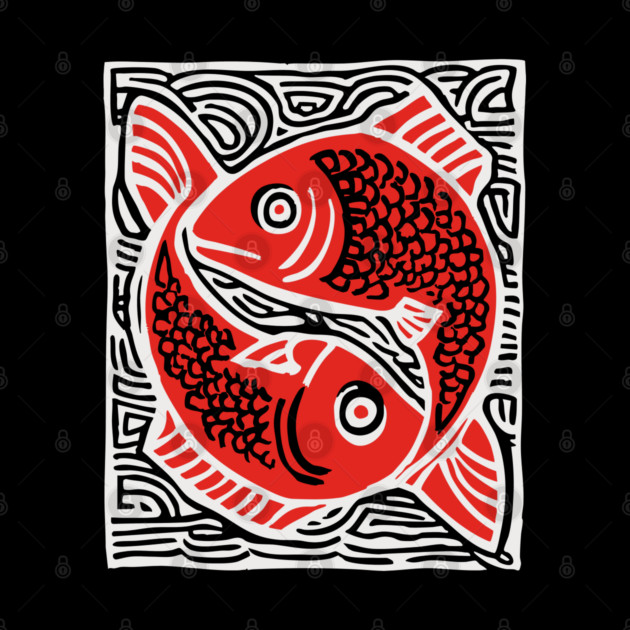 Linocut Fish Duo Art Print - Unique Wildlife Gift by TuncGK