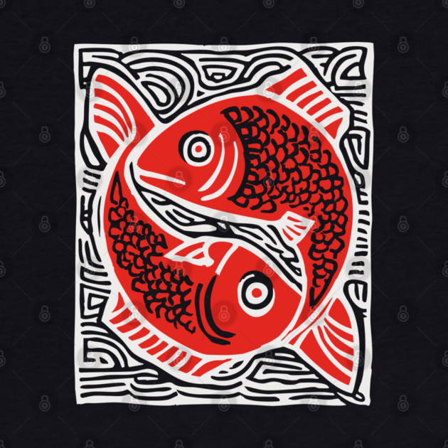 Linocut Fish Duo Art Print - Unique Wildlife Gift by TuncGK