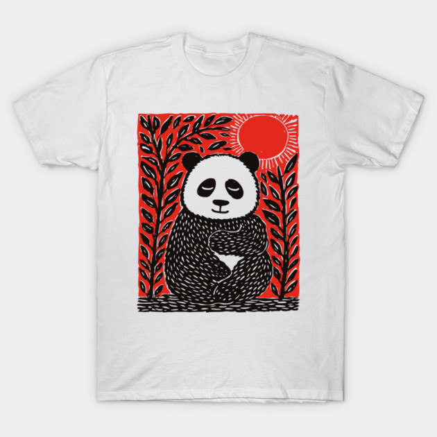 Panda Bear Linocut Art - Wildlife Conservation Gift T-Shirt by TuncGK