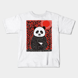 Panda Bear Linocut Art - Wildlife Conservation Gift Kids T-Shirt