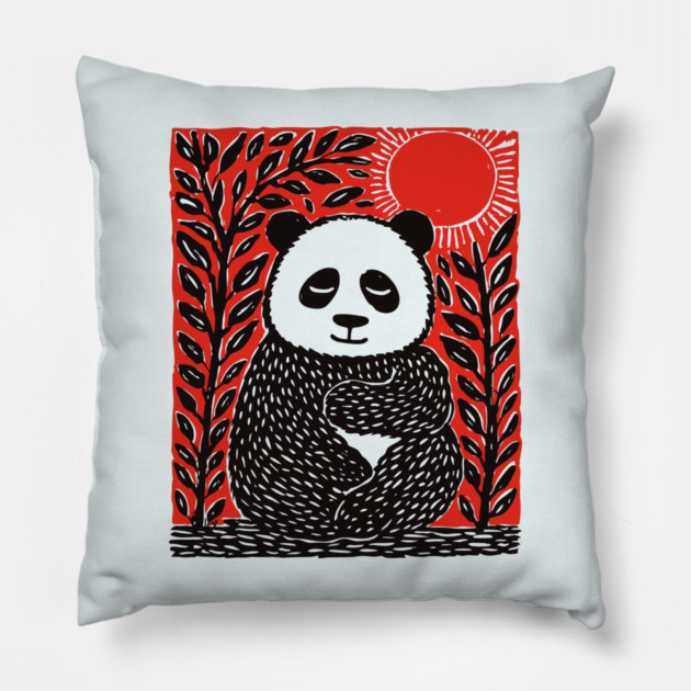 Panda Bear Linocut Art - Wildlife Conservation Gift Pillow by TuncGK