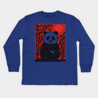 Panda Bear Linocut Art - Wildlife Conservation Gift Kids Long Sleeve T-Shirt