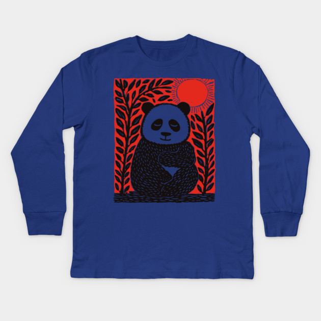 Panda Bear Linocut Art - Wildlife Conservation Gift Kids Long Sleeve T-Shirt by TuncGK