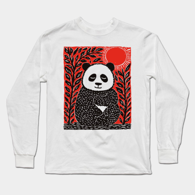 Panda Bear Linocut Art - Wildlife Conservation Gift Long Sleeve T-Shirt by TuncGK