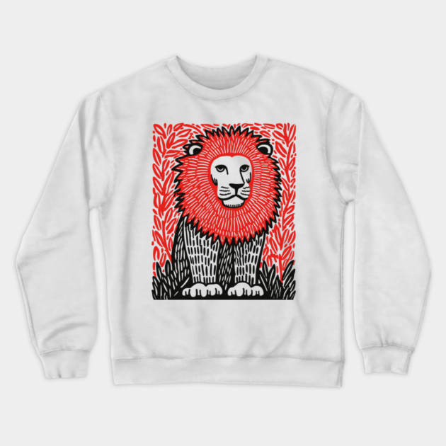 Majestic Lion Linocut Art Print - Wildlife Decor Crewneck Sweatshirt by TuncGK