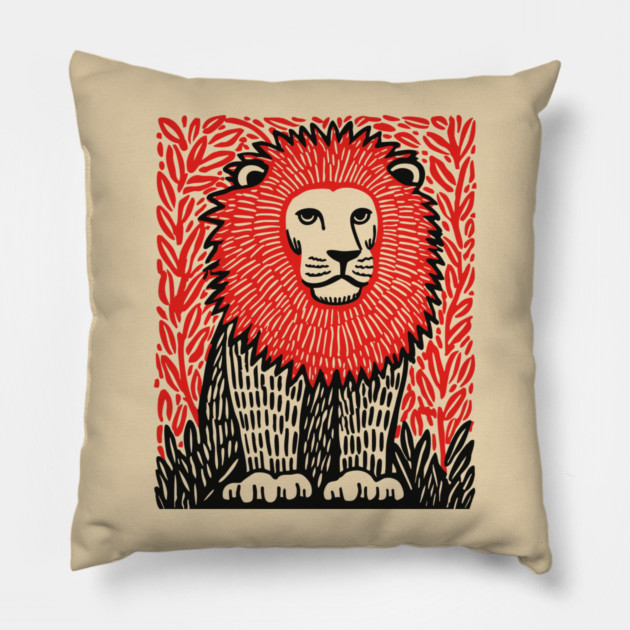Majestic Lion Linocut Art Print - Wildlife Decor Pillow by TuncGK