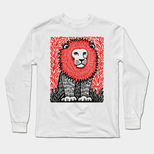 Majestic Lion Linocut Art Print - Wildlife Decor Long Sleeve T-Shirt by TuncGK