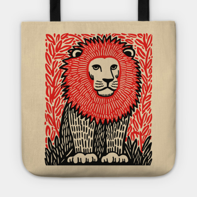 Majestic Lion Linocut Art Print - Wildlife Decor Tote by TuncGK